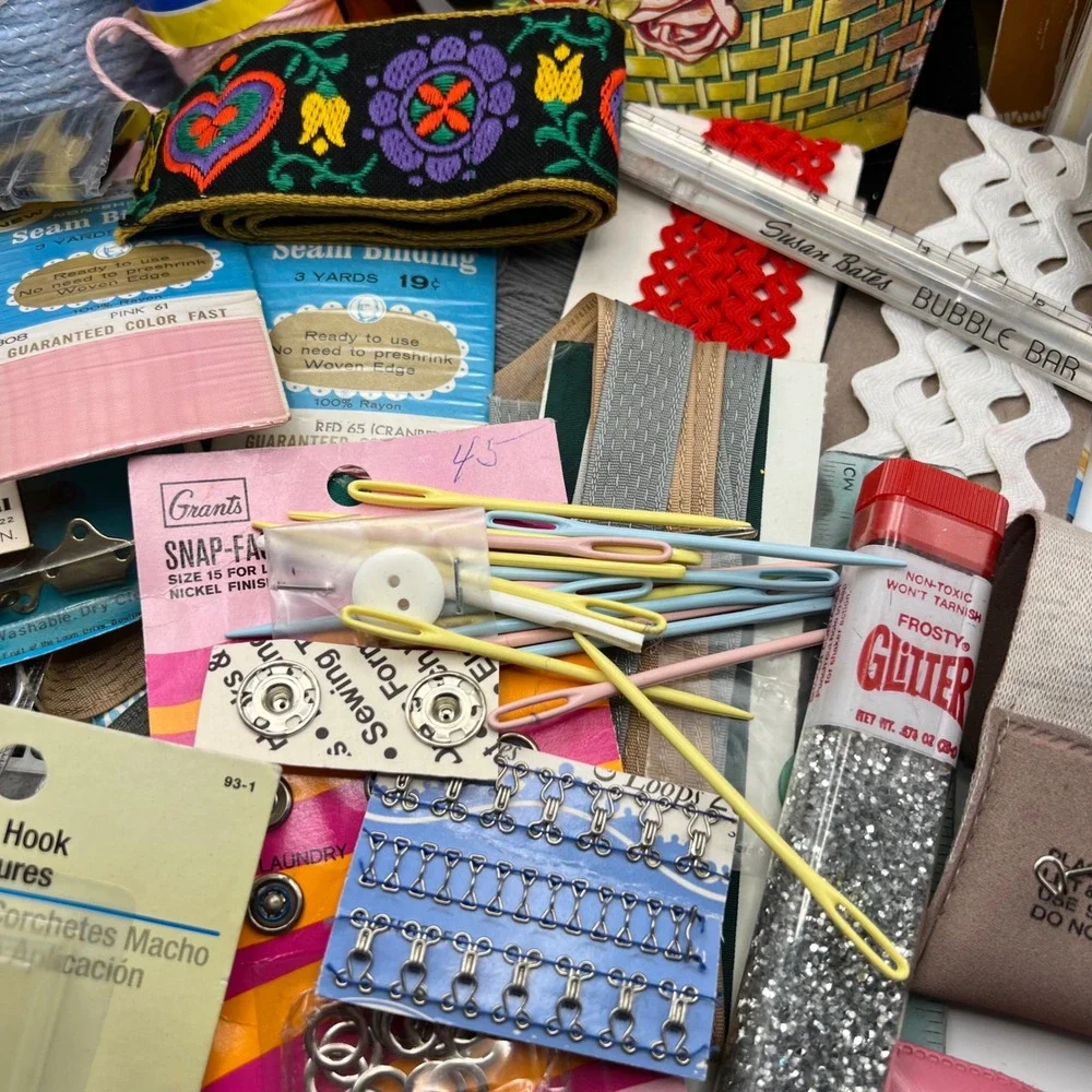 Junk Drawer Craft Supply Lot 2 lbs 50 Items VTG Sewing Needlework Fiber Arts